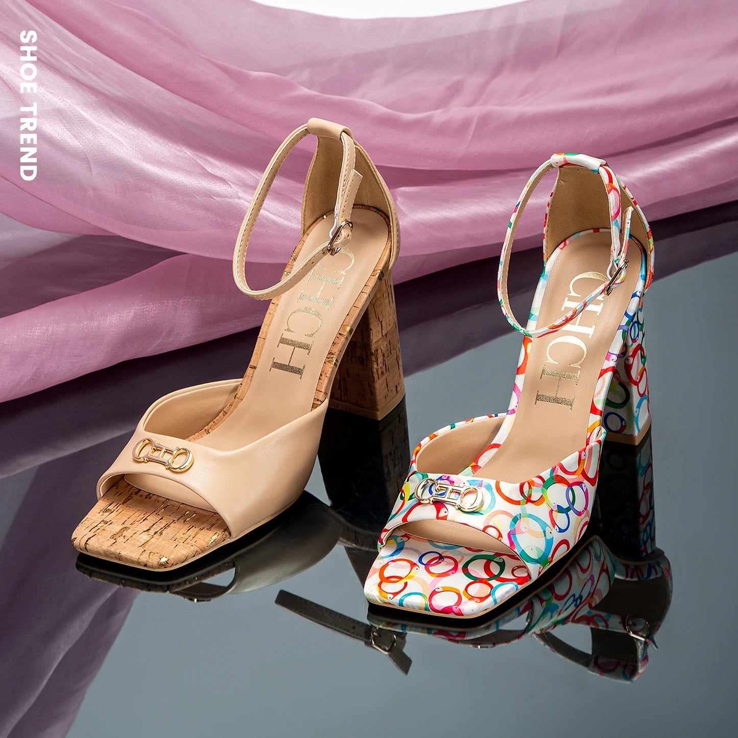 Monogram/Solid Pattern Open Square Toe Design Women's Platform Heel Sandals