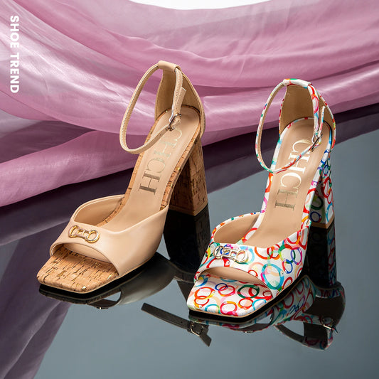 Monogram/Solid Pattern Open Square Toe Design Women's Platform Heel Sandals