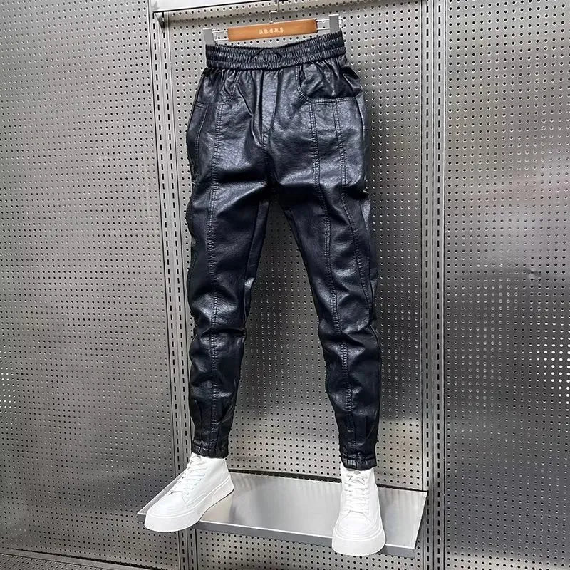 Hip Hop Men's Leather Retro Black Streetwear Elastic Pants