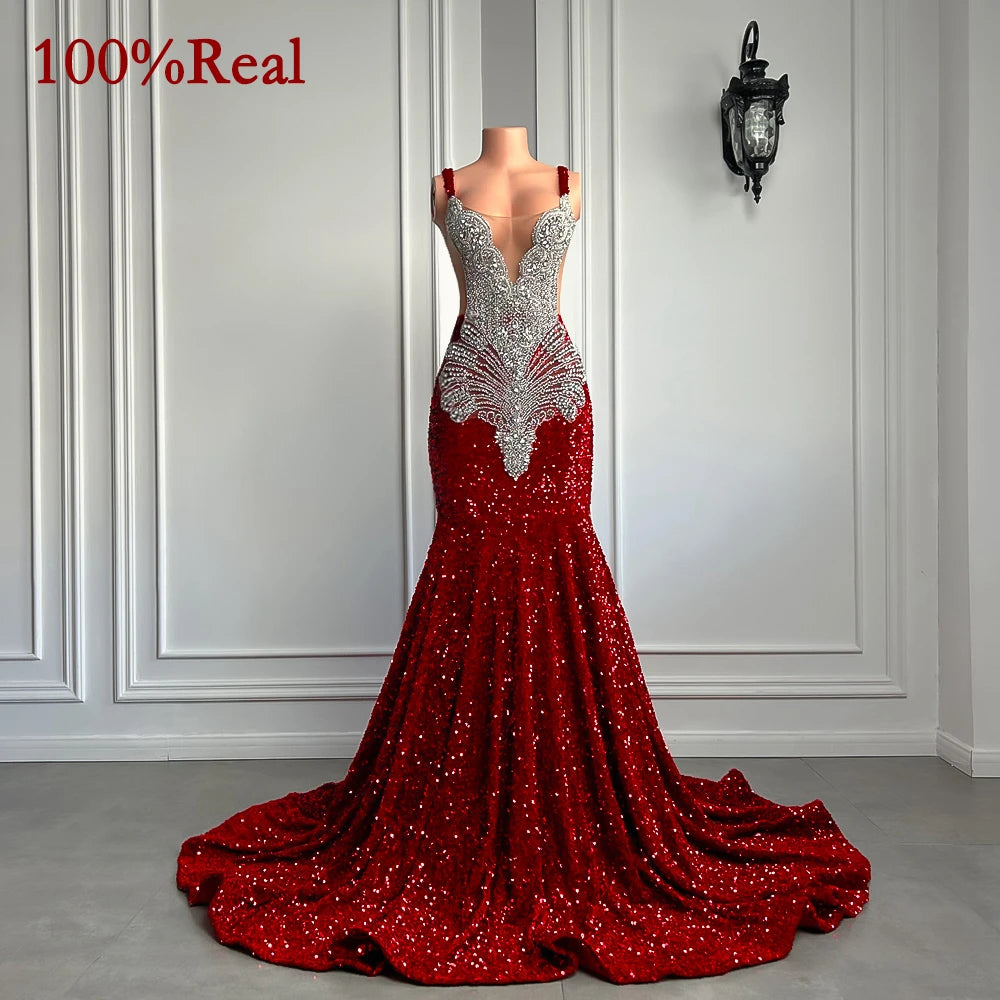 Mermaid Style Sparkling Crystal Red Prom Party Formal Dress