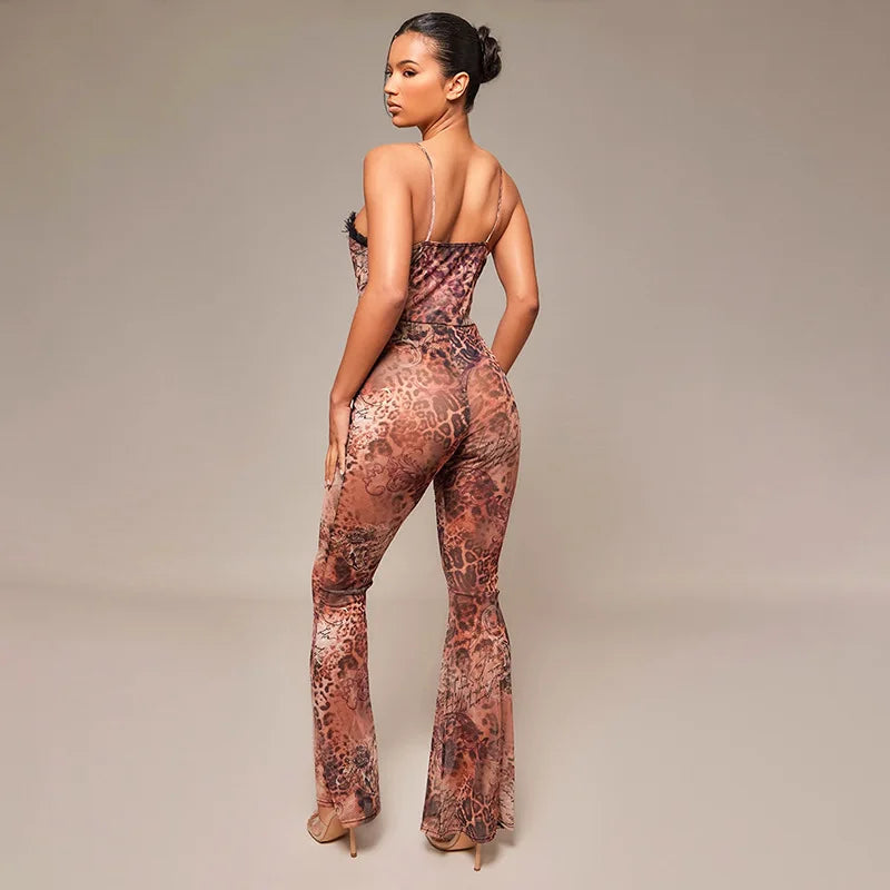 Brown Leopard Print Hollow-Out Halter Bellbottom Pant Jumpsuit