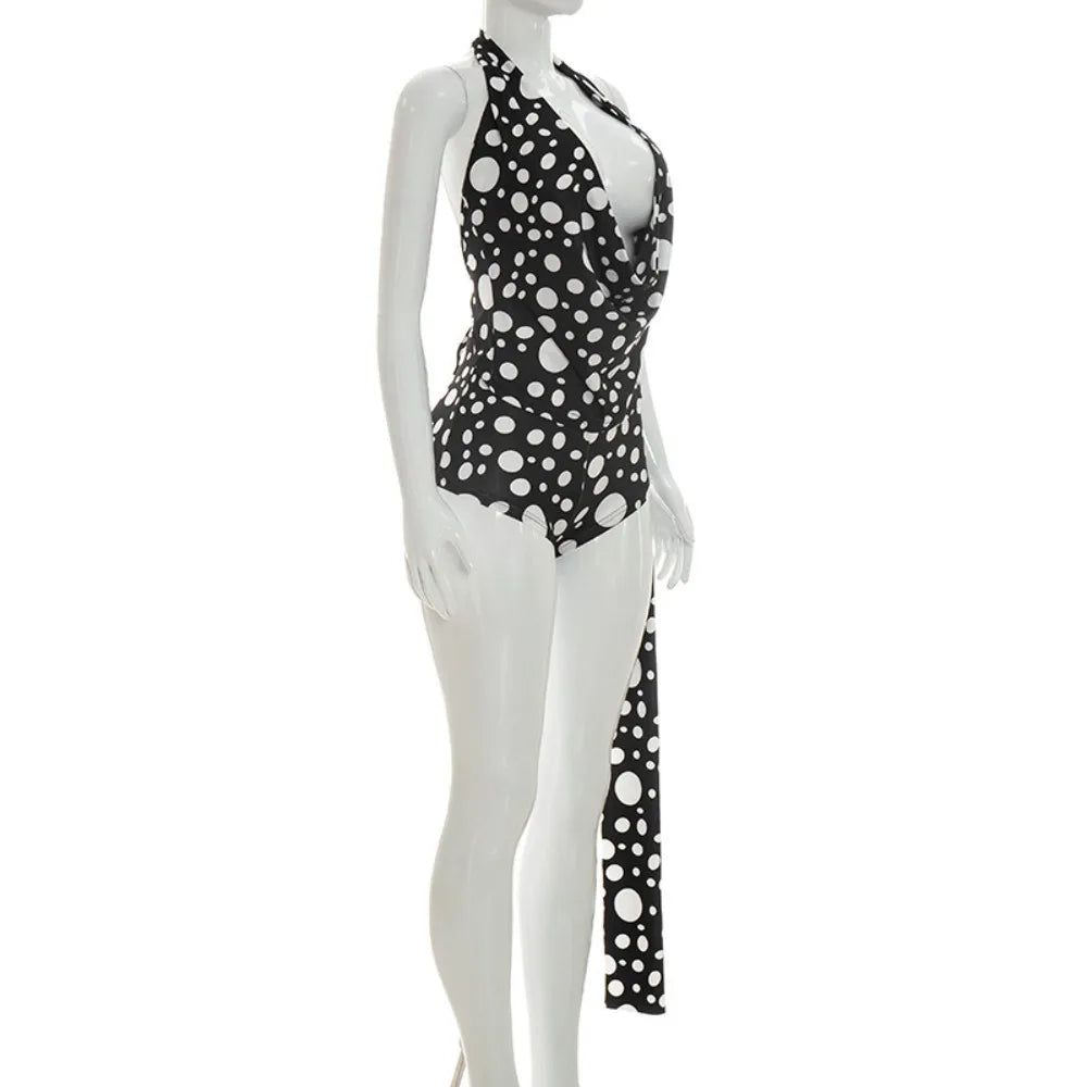 FLARORA Sexy Polka Dot Print 2 Piece Sets Woman Trend Halter V Neck Backless Ruched Tops And Ribbon Shorts Hottie Street Suits