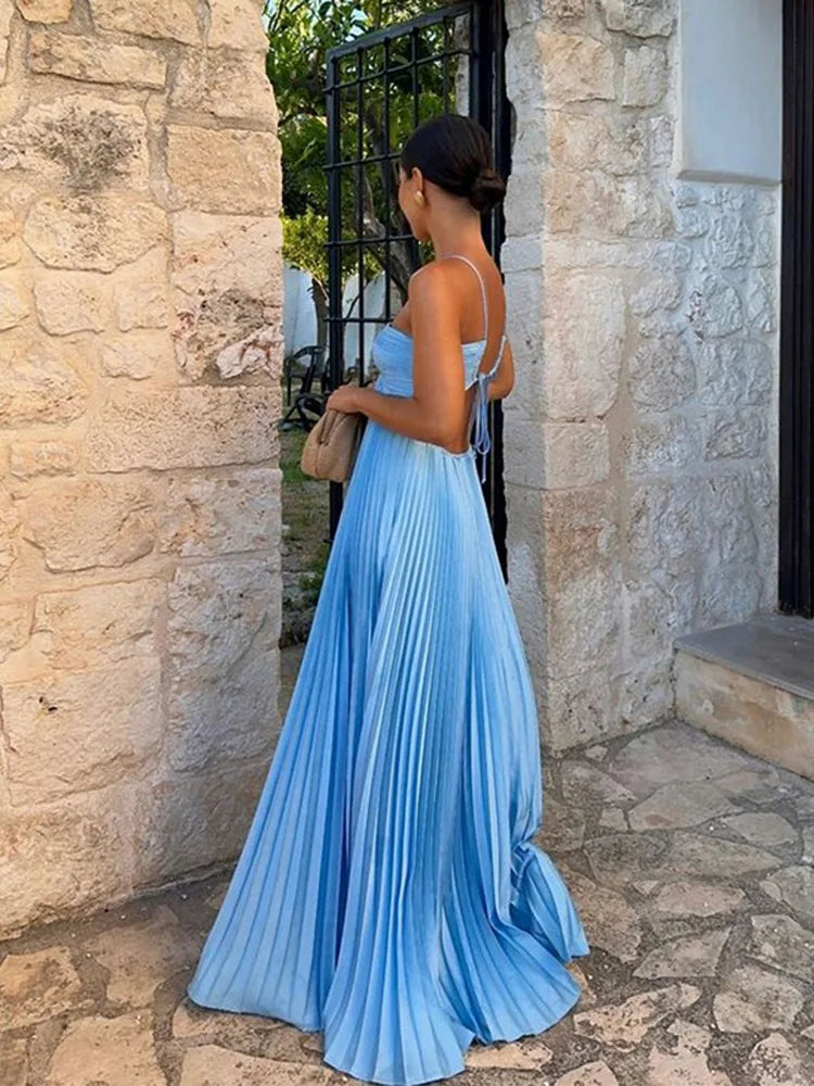 Pleated Halter Spaghetti Strap Backless Sleeveless Beach Maxi Dress