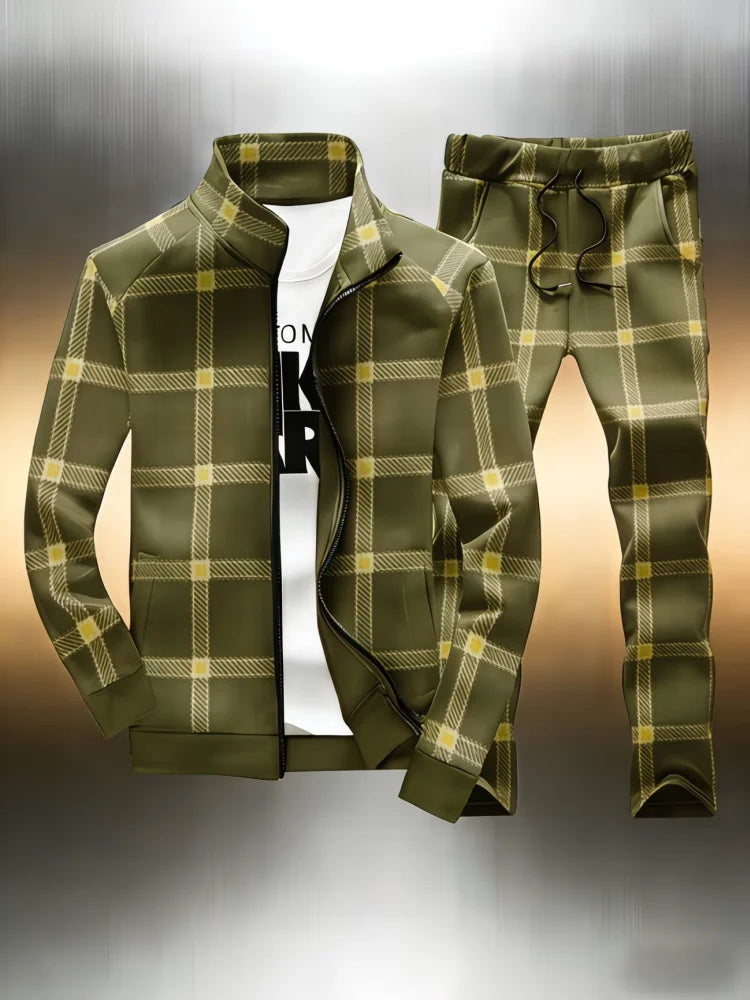 Men's Plaid Print Stand Collar Sports Zipper Jacket + Skinny Drawstring Jogger Sweatpants Tracksuit