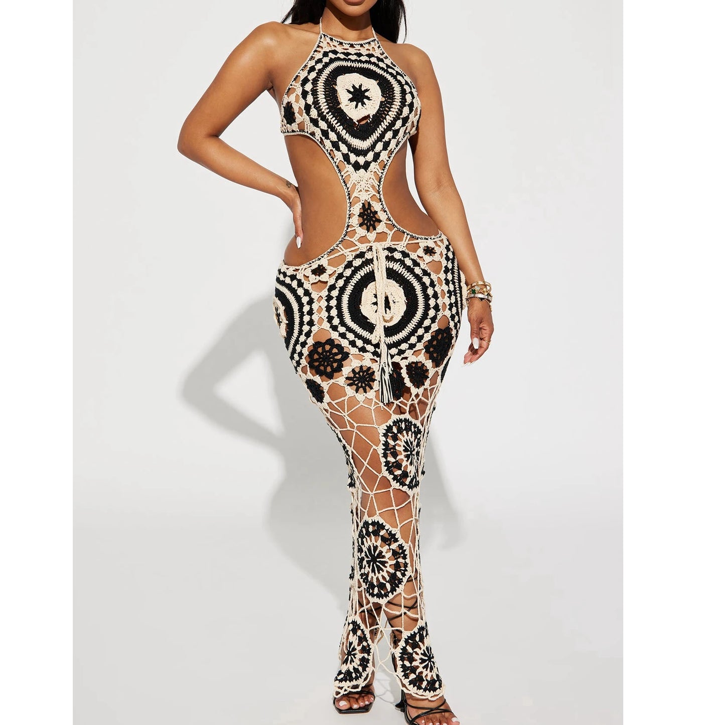 Handmade Crochet Floral Backless Sleeveless Hollow-Out Transparent Maxi Dress