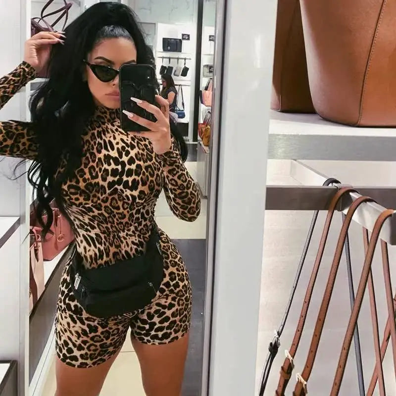 Leopard/Zebra Print Mock Neck Long Sleeve Women's Skinny Bodycon Shorts Romper