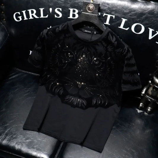 Rhinestone Green/Black Tiger Print Men's O-Neck Short Sleeve T-Shirt to 7X Big & Tall