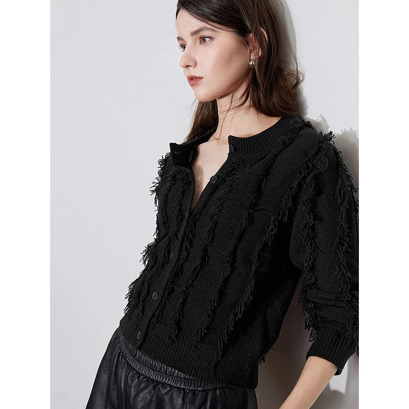 Knitted Tassel Women's O-Neck Long Sleeve Single Breasted Button-Up Cardigan Sweaters