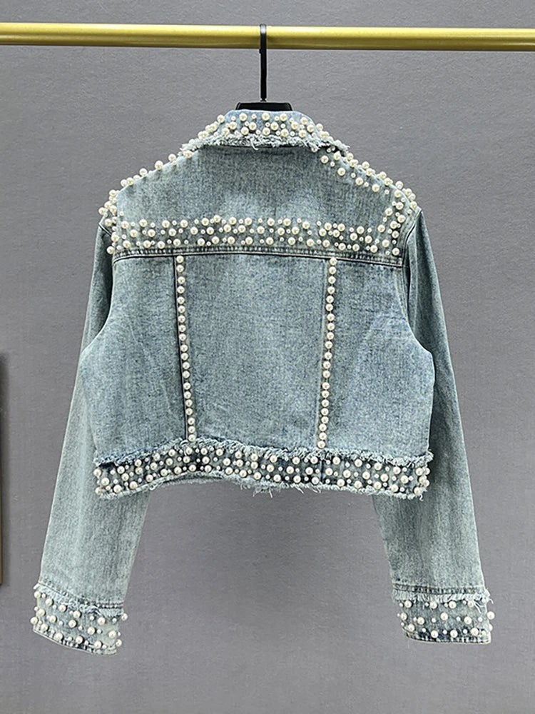 Denim Women's Pearl Colored Gem Rhinestone Crystal Long Sleeve Jean Jacket