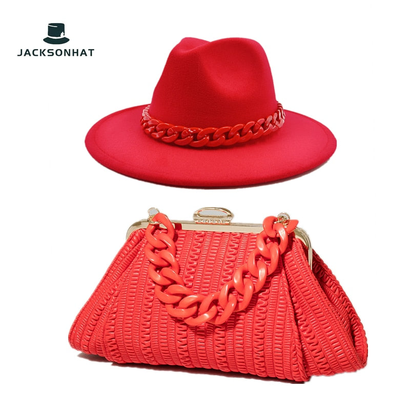 Fedora Chain Link Straw Hat + Chain Link Purse Set