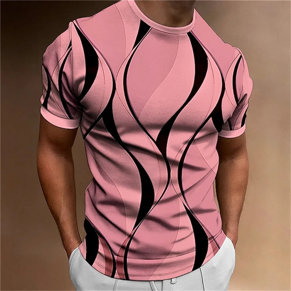 Men's Abstract Geometric 3D Striped Print O-Neck T-Shirt