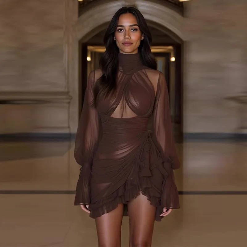 Chiffon Turtleneck Ruffled Irregular Sheer Criss-Cross Pleated Hollow-Out Design Long Sleeve Formal Mini Dress to 3X Plus Size