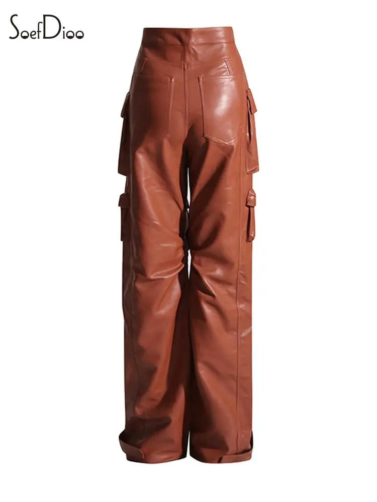 Patchwork Baggy PU Leather Wide Leg Ladies Cargo Pocketed Pants