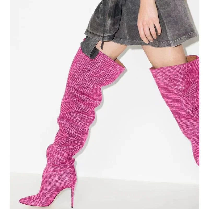 Ruched Sparkling Glitter Pleated High Heel Knee High Boots