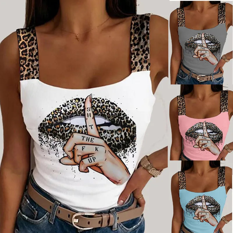 Women's Leopard Strap Lips Print Sleeveless Streetwear Tank Tops