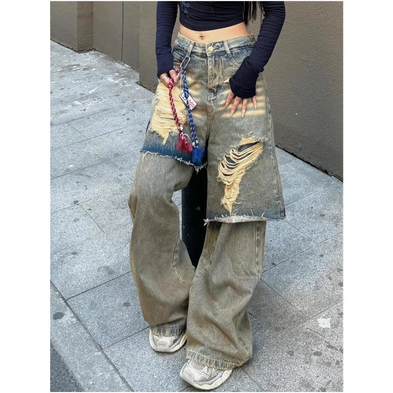 Tassel Fringe Ripped Irregular Patchwork Loose Y2K Hollow-Out Women's Baggy Denim Jeans