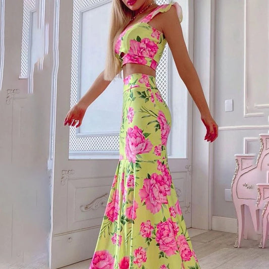 Pink Rose Print Bodycon + High Waist Retro Formal Mermaid Maxi Skirt