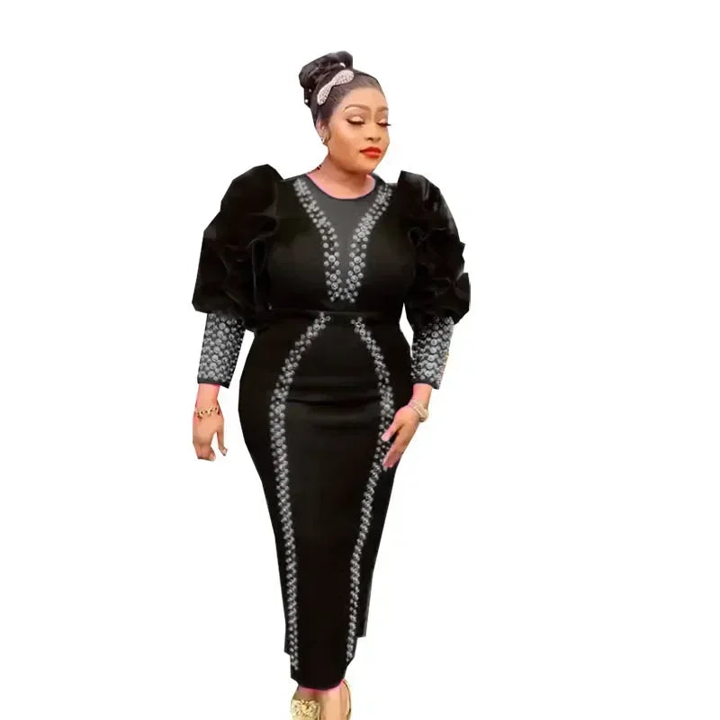 Rhinestone Sheer Belted Puff Balloon Sleeve Formal Wedding Evening Bodycon Formal Maxi Dress