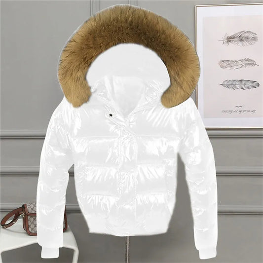 Faux Fur Collar Glossy Short Waterproof Ladies Puffer Bomber Jacket