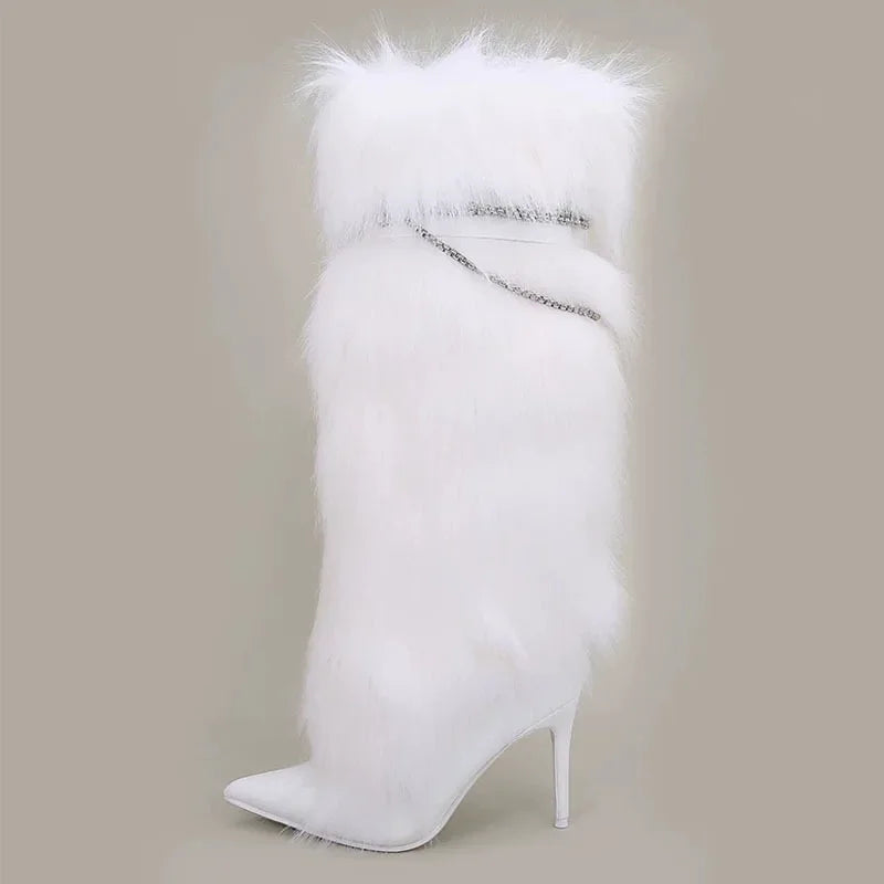 Shaggy Fur Stiletto Heel Pointed Toe Women's Knee-High Boots