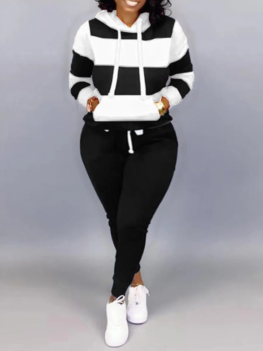 Striped Drawstring Hoodie Sweatshirt + Sweatpants Ladies Tracksuit to 5X Plus Size