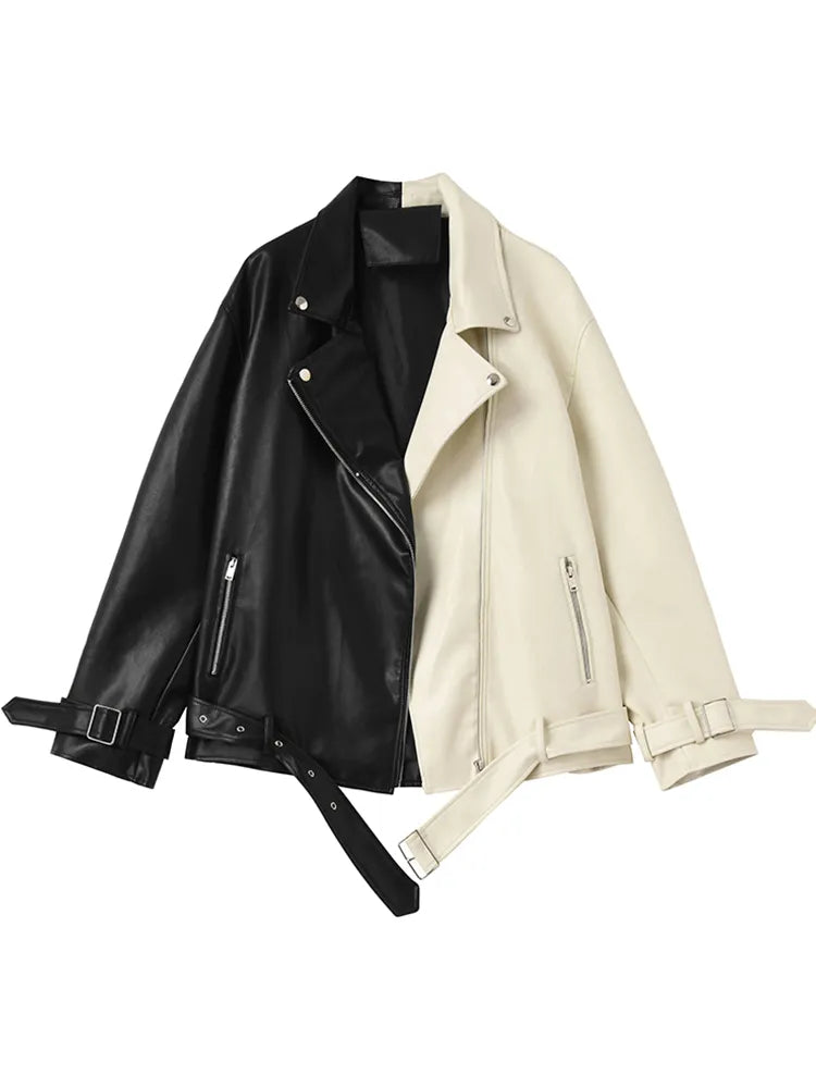 Colorblock Splicing PU Soft Faux Leather Belted Jacket