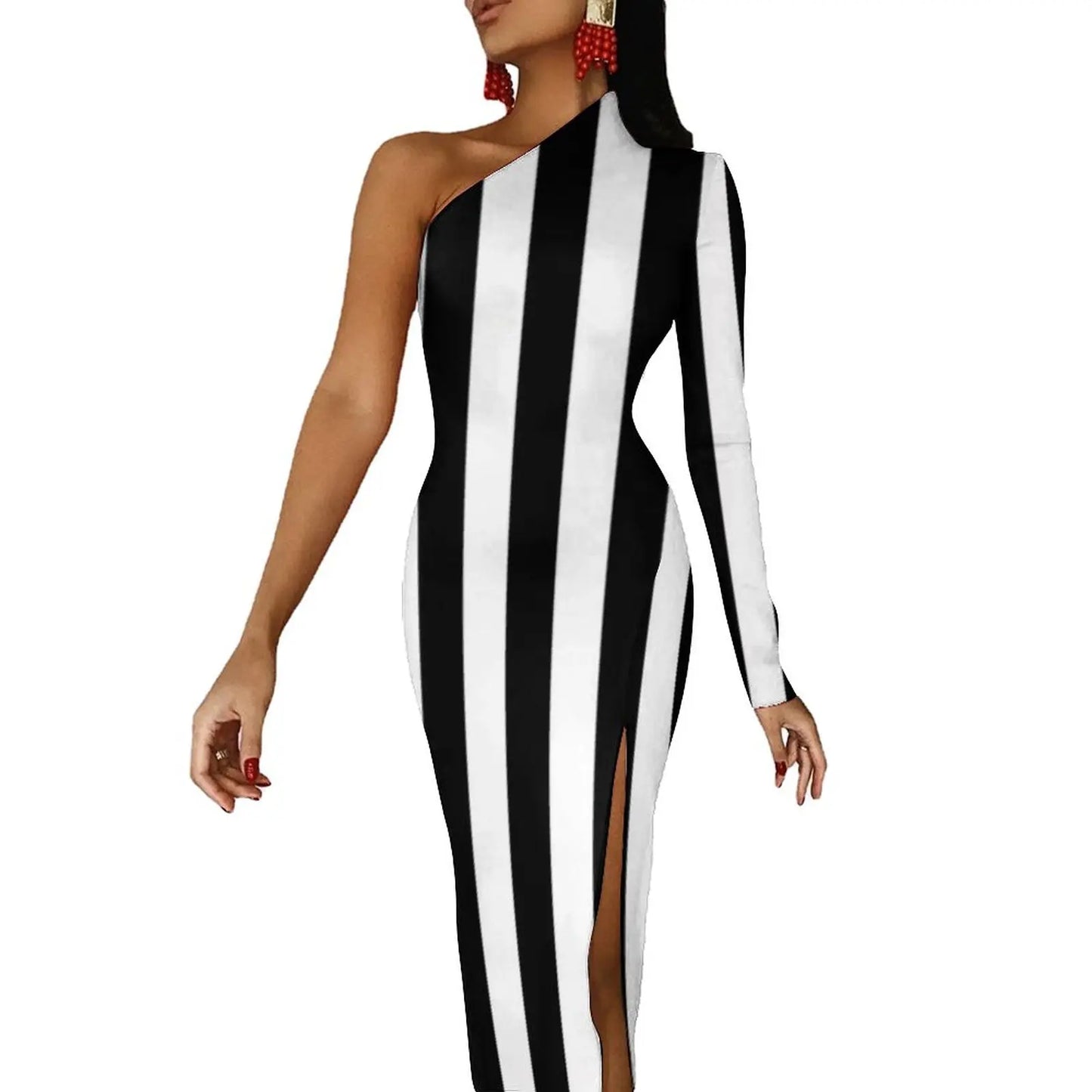 Striped/Rainbow Striped/American Flag Print One Sleeve Asymmetrical Bodycon Midi Dresses