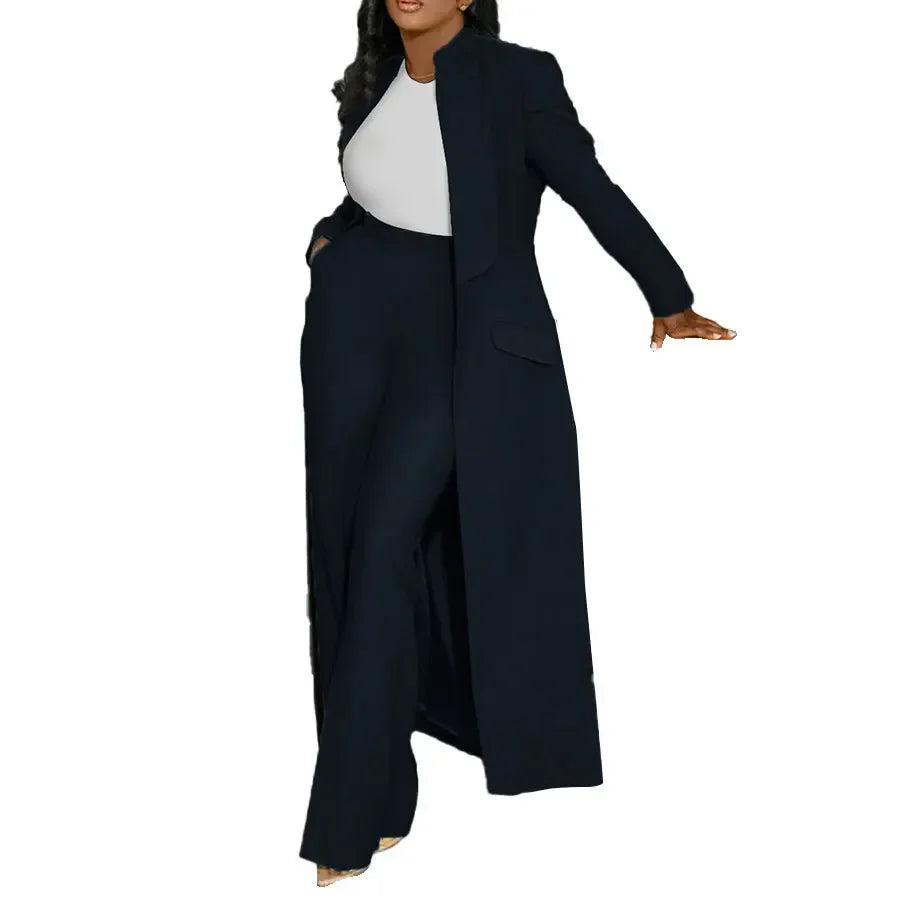 Notched Collar Solid Color Pocketed Maxi Trench Blazer + Pants Women's Office/Formal Party Suit