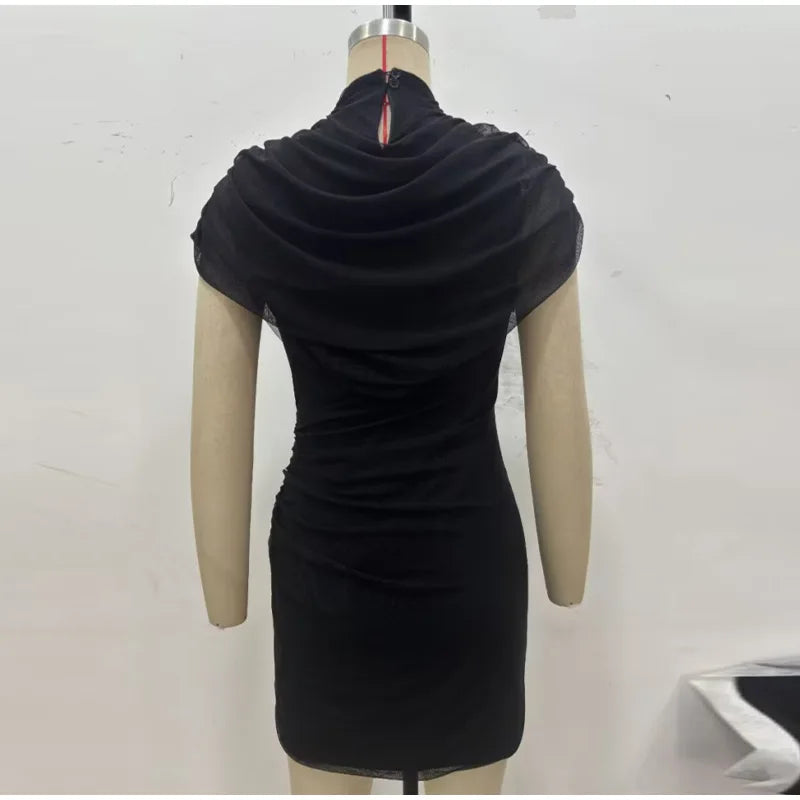 Layered Patchwork Cinched Waist Solid Color Short Sleeve Bodycon Formal Party Dress