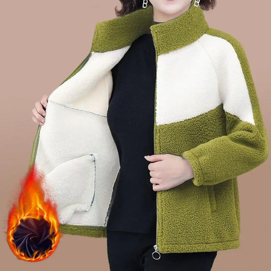 Colorblock Plush Fleece Women's Stand Collar Zipper Cardigan Jacket