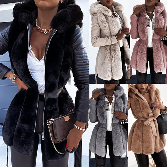 Patchwork Ribbed Sleeve Faux Fur PU Leather Solid Color Hooded Women's Zipper 3/4 Length Coat w/ Sash Belt