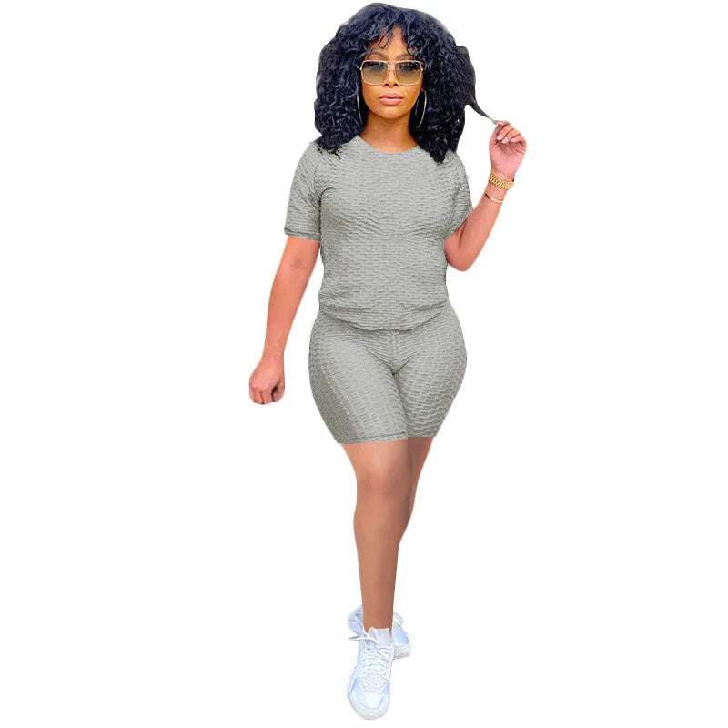 Texturized Sportswear O-Neck Solid Color Short Sleeve Women's T-Shirt + Shorts 2-Piece Fitness Workout Set