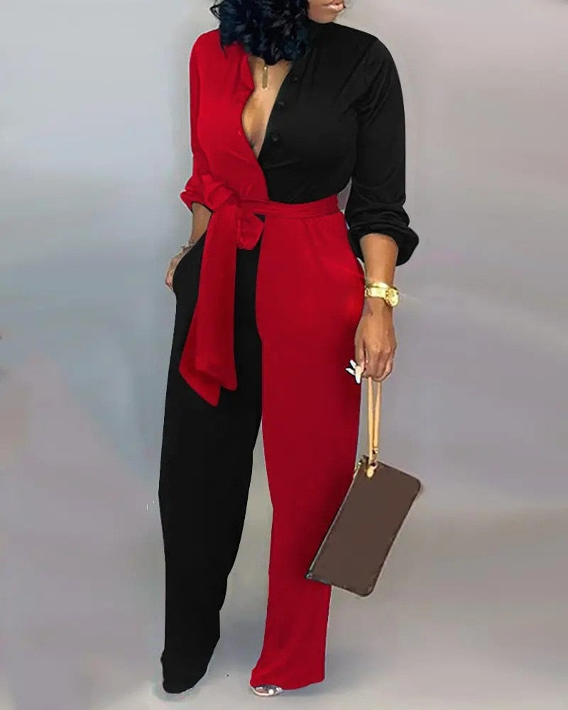 Long Sleeve Open Button Shirt Jumpsuits