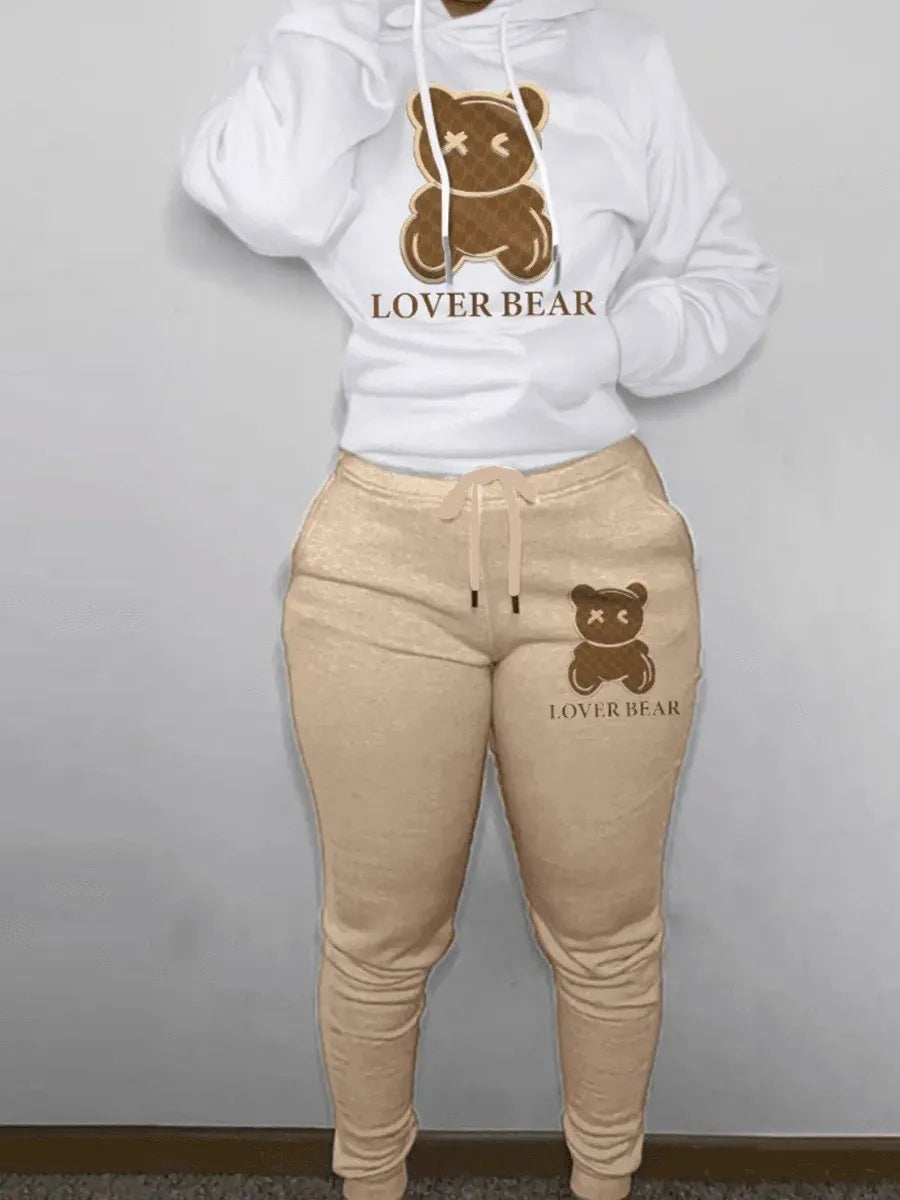 "Lover Bear" Print Kangaroo Pocket Long Sleeve Hoodie + Drawstring Sweatpants Two-Piece Tracksuit