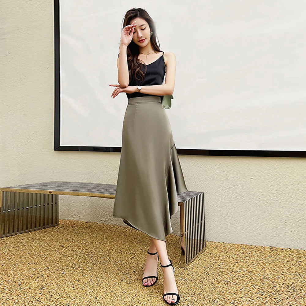 Ruffled High Waist Satin Irregular A-Line Mermaid Midi Skirt