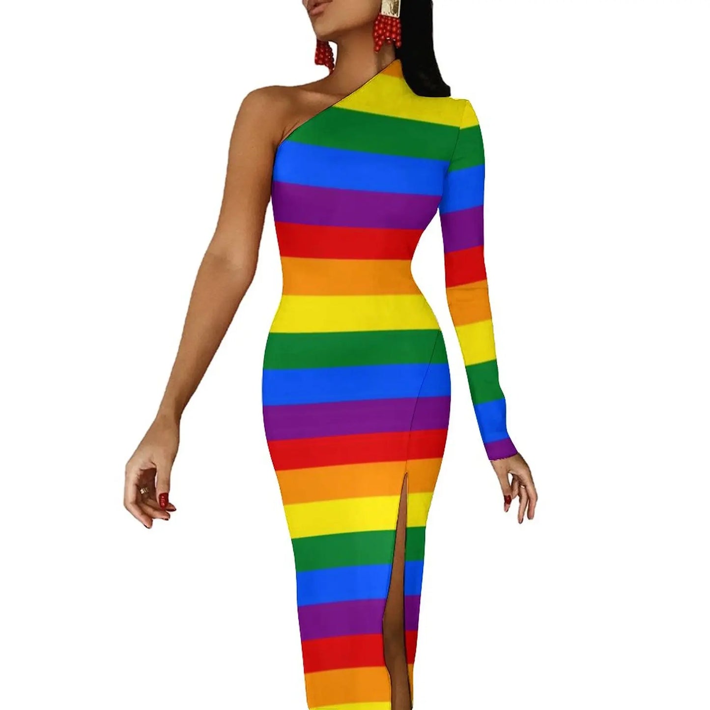 Striped/Rainbow Striped/American Flag Print One Sleeve Asymmetrical Bodycon Midi Dresses