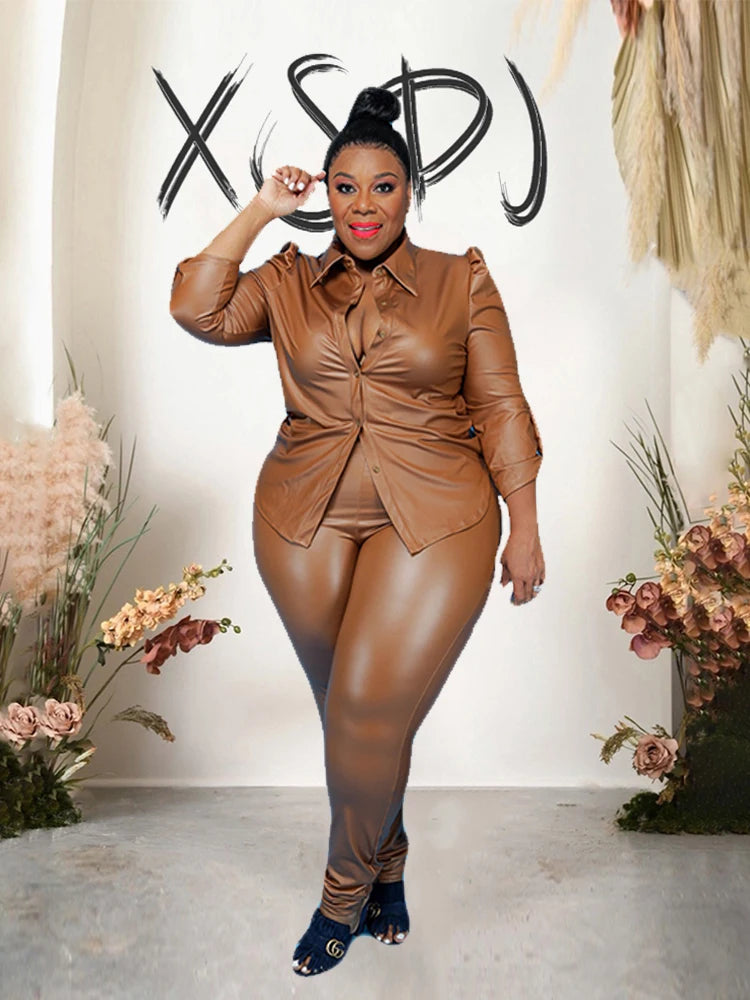 Faux Leather Solid Color Button Front Long Sleeve Turn-Down Collar Blouse + Solid Leggings 2-Piece Set to 5X Plus Size