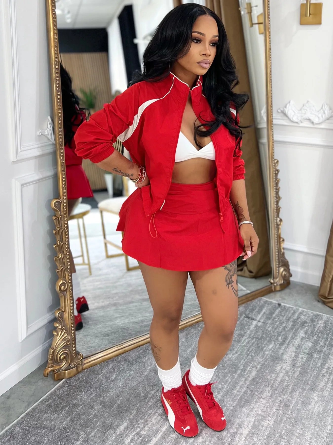 Striped Stand Collar Women's Zipper Fitness Jacket+ Drawstring Ruched Mini Tennis Skirt Solid Color 2-Piece Set