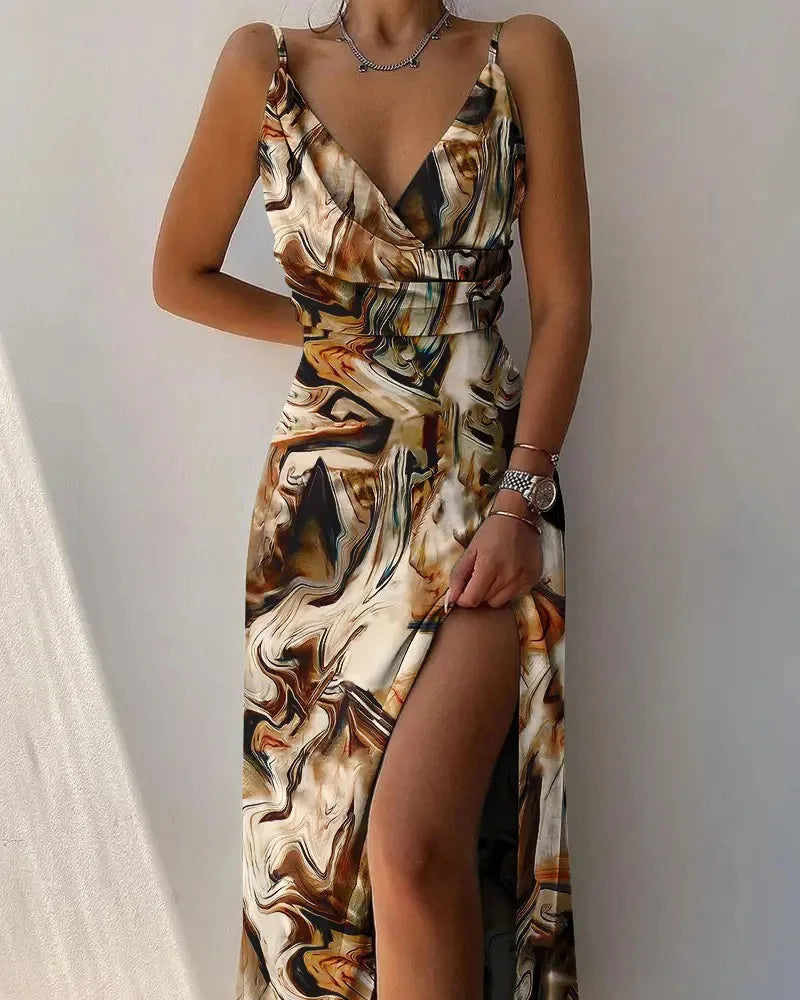 Sleeveless Halter Gradient Colorblock/Solid/Floral V-Neck Spaghetti Strap High Slit Camisole Maxi Dress