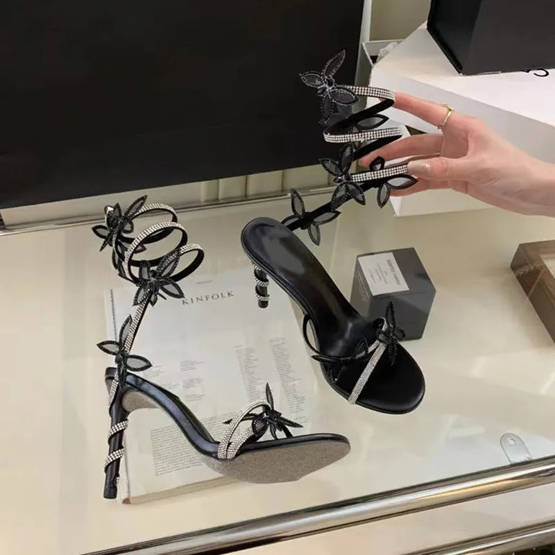 Crystal Butterfly Embellished Detail Spiral Coiled Band Strap High Heel Gladiator Sandal Pumps