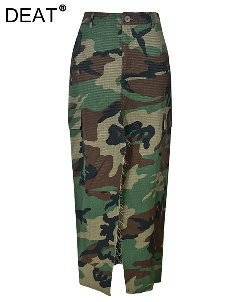 Camoflauge Women's Denim Elastic Waist Split Pocket Button Maxi Cargo Skirt