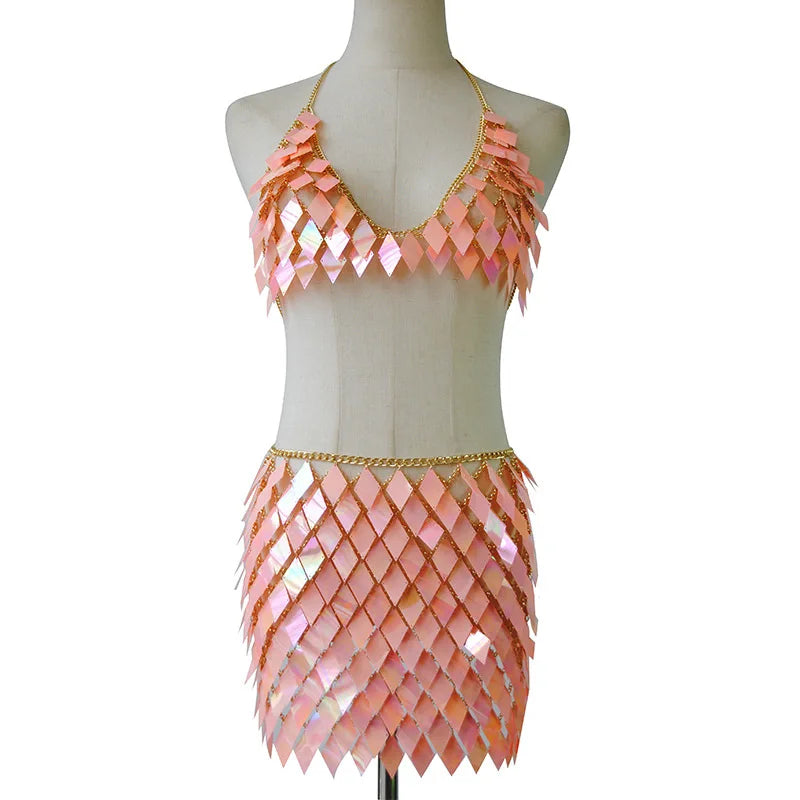 Metallic Sequined Geometric  Bikini Crop Top + Mini Skirt Handcrafted Party Women's 2-Piece Set