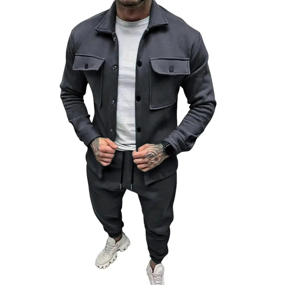 Men's Turn-Down Collar Cargo Utility Pocket Button Front Jacket + Sweatpants Activewear 2-Piece Set