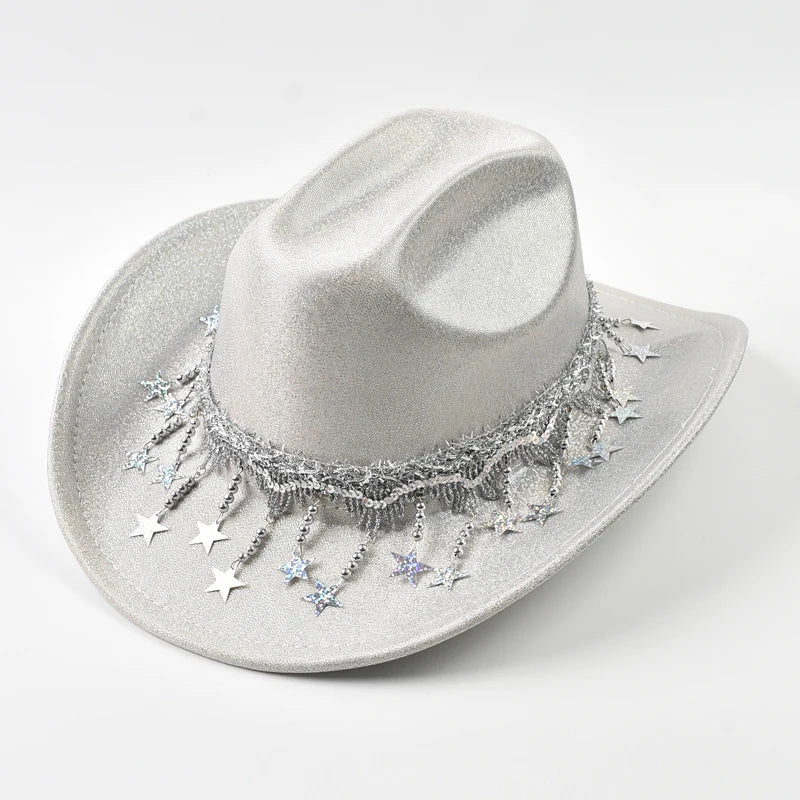 Sequin Rhinestone Metallic Tassel Fringe Women's Cowgirl Fedora Hat