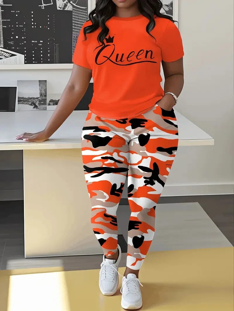 "Queen" Letter Print Women's O-Neck Short Sleeve T-Shirt + Camoflauge Pocketed Pants to 5X Plus Size