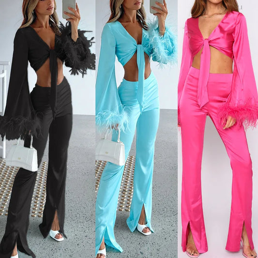 Satin Feather Patchwork Long Sleeve Lace-Up Crop Top + Split Long Pant 2-Piece Set