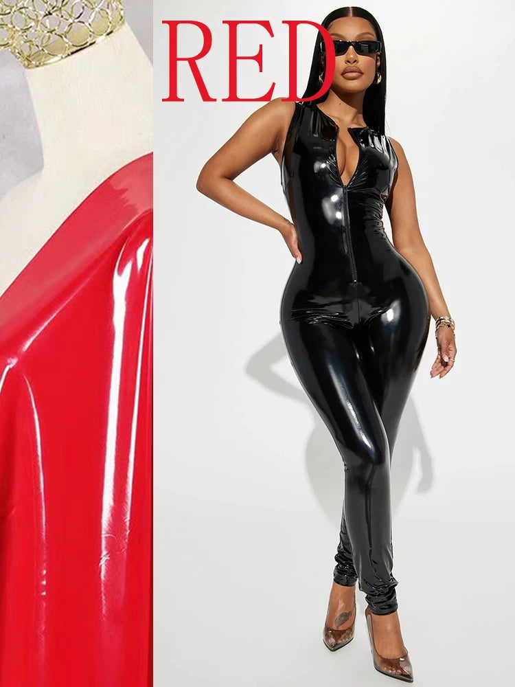 Shiny PVC Patent Leather Women's Sleeveless Zipper Front Bodycon Skin Tight Jumpsuit