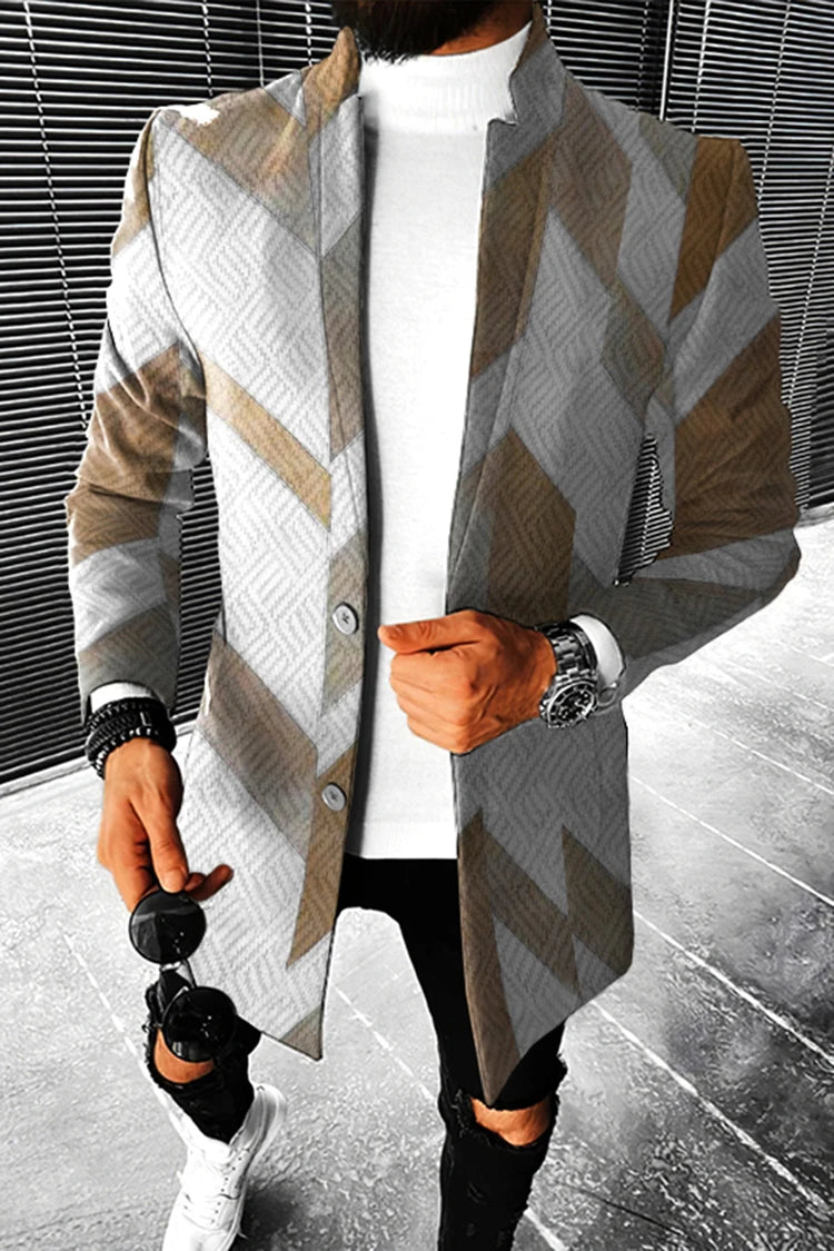 Men's Stand Collar Colorblock/Plaid/Geometric/African 3D Print 3/4 Length Button-Up Jacket 5X Big & Tall