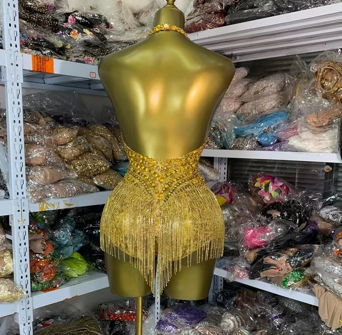 Sparkling Gold Rhinestone Sleeveless Tassel Fringe Design V-Neck Formal Women's Stage Performance Romper