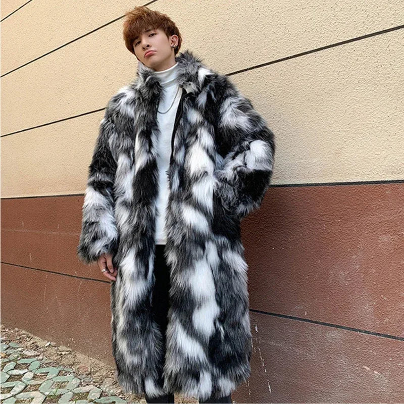 Men's Black/White Colorblock Patchwork Thick Faux Fur Trenchcoat